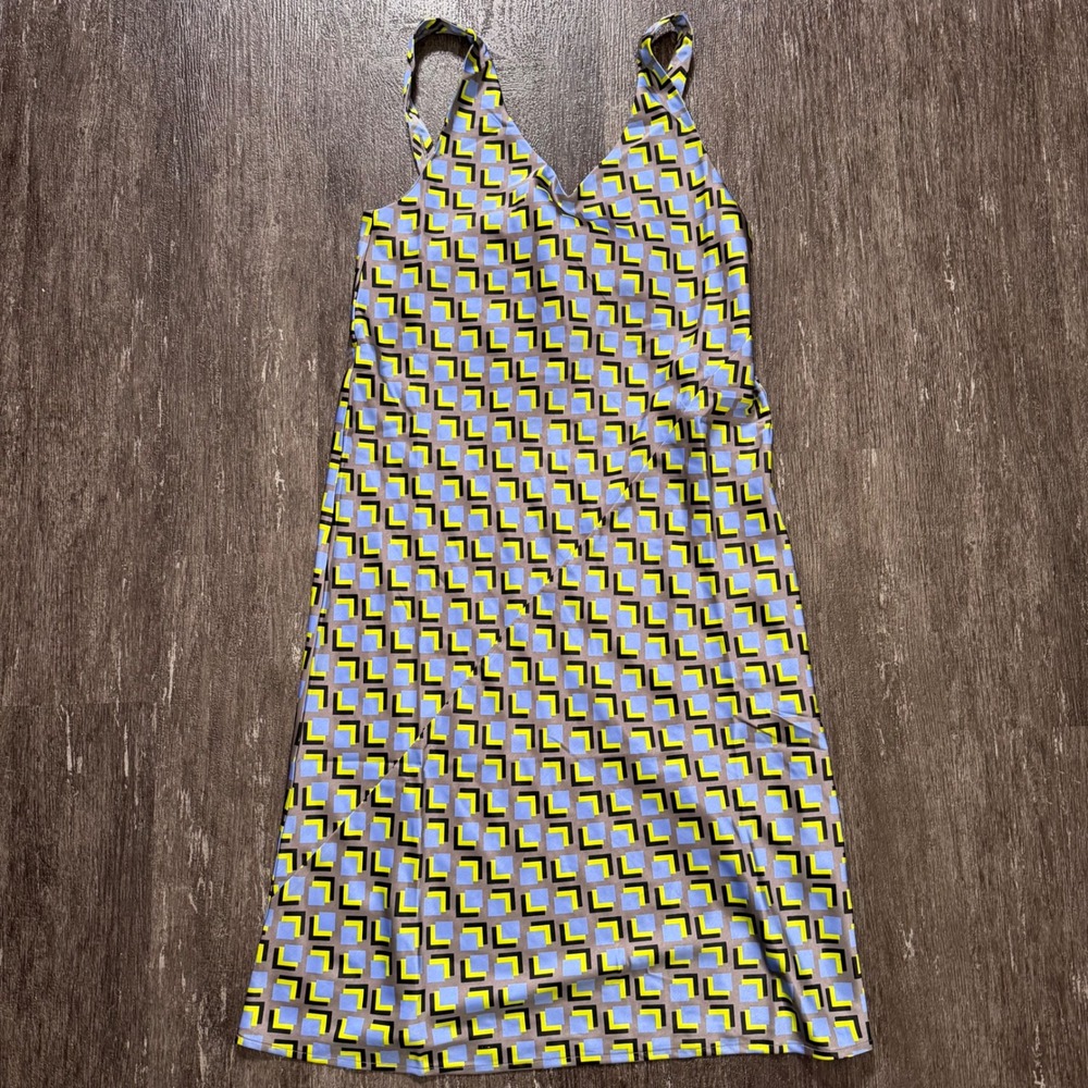 Wildfang The Empower Satin Slip Dress Geometric Print XS Grey Neon Blue Tie Belt